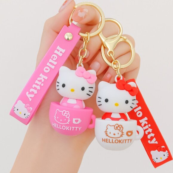 Hello Kitty Pink Red White Coffee Cup Keychain Gold-Tone Charm Wristlet 2 Pcs - Picture 1 of 3